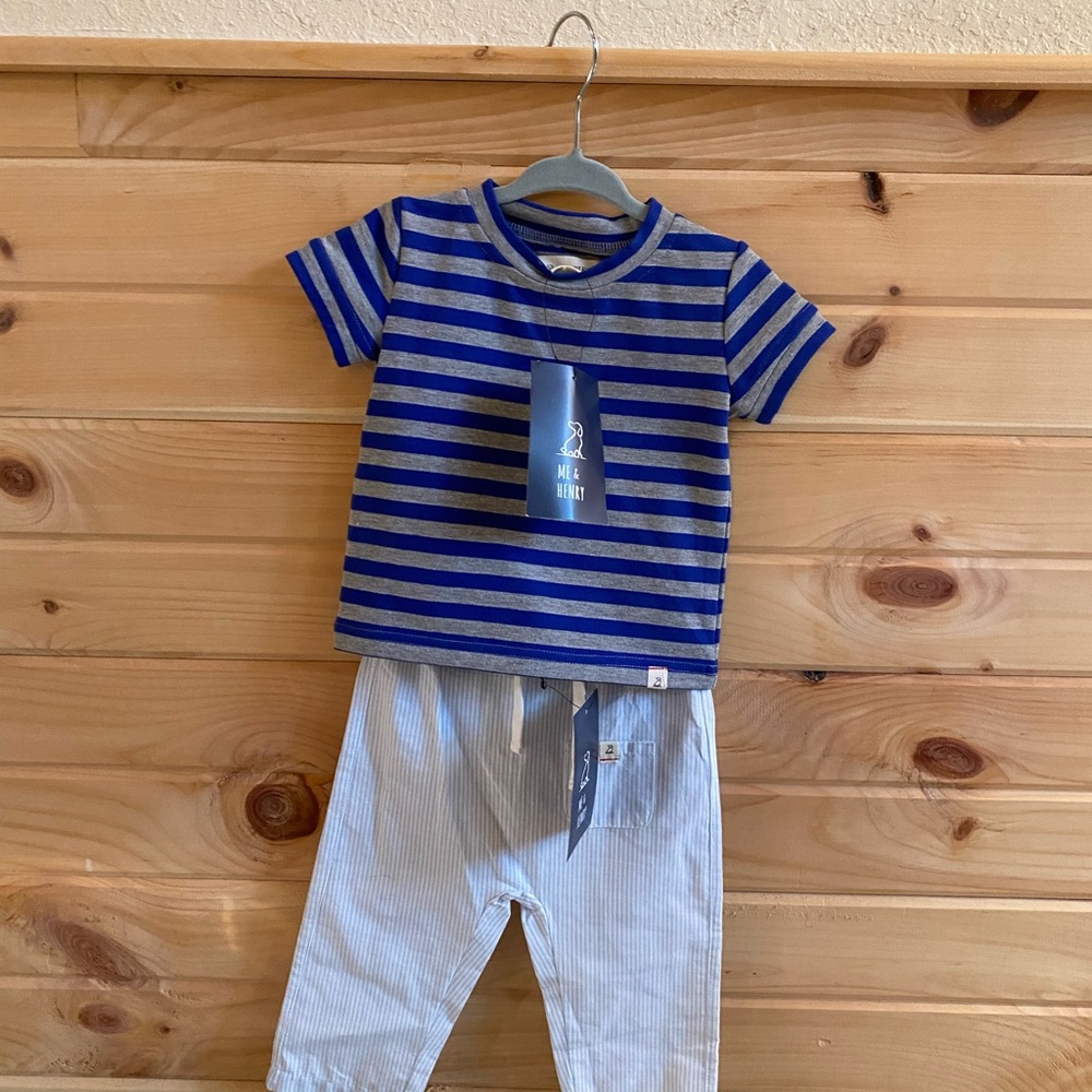 Me & Henry Blue and Gray Striped Baby Outfit